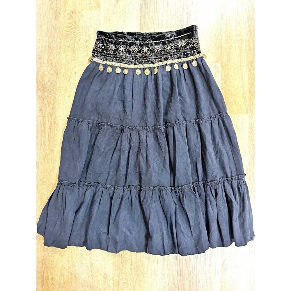 Women’s Black Tiered Midi Skirt Elastic Waist Embroidered Beaded Coin Trim Boho